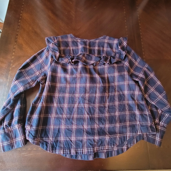 Madewell | Maroon/Navy Plaid Ruffle-Yoke Button Down W/ Easy Roll Sleeves - Picture 4 of 11